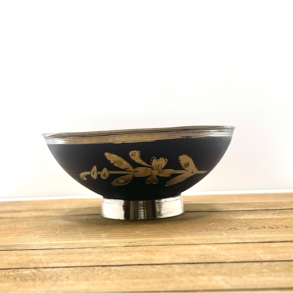 Vintage Black and Gold Floral etched Metal Bowl –Pedestal Dish